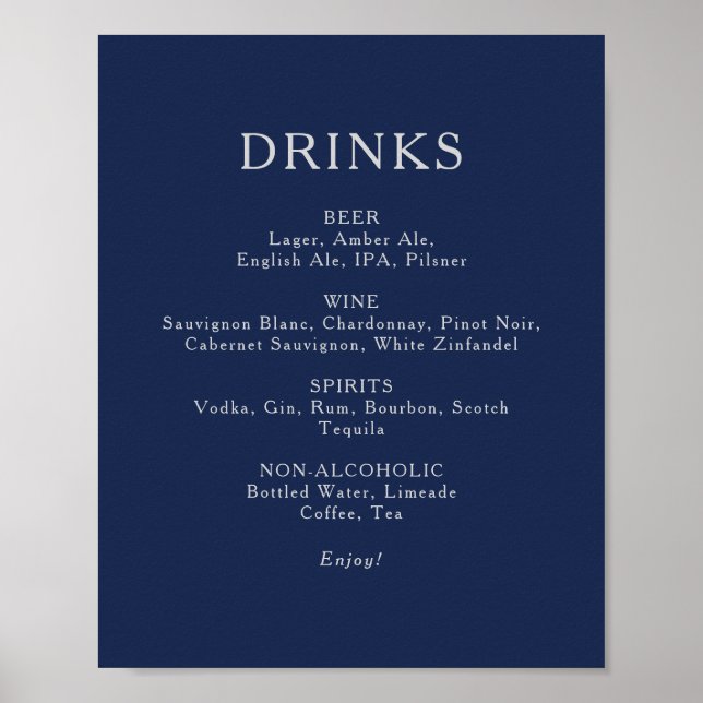 Poster Classic Navy Blue Silver Mariage Boissons Menu Sig (Devant)