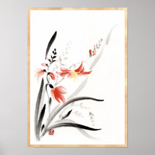 Poster Classic oriental chinese sumi-e ink flowers paint