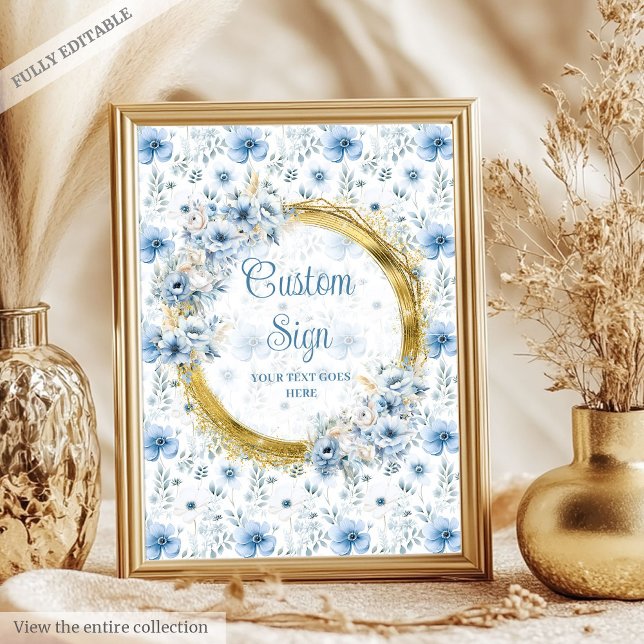 Poster Classic pastel bleu fleurs or bébé signe personnal (Classic pastel blue flowers gold baby custom sign)