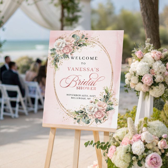 Poster Classic Rose Gold Floral Eucalyptus Bridal Shower  (Classic Rose Gold Floral Eucalyptus Bridal Shower Sign)