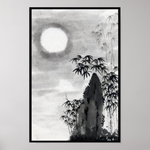 Poster Classic vintage japonais nuit lunette paysage sumi