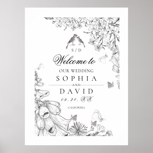 Poster Classic White Black Floral Wedding Welcome  (Devant)