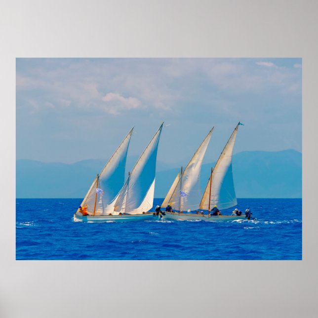 Poster Classic wooden sailing boats in a race, Spetses i (Devant)