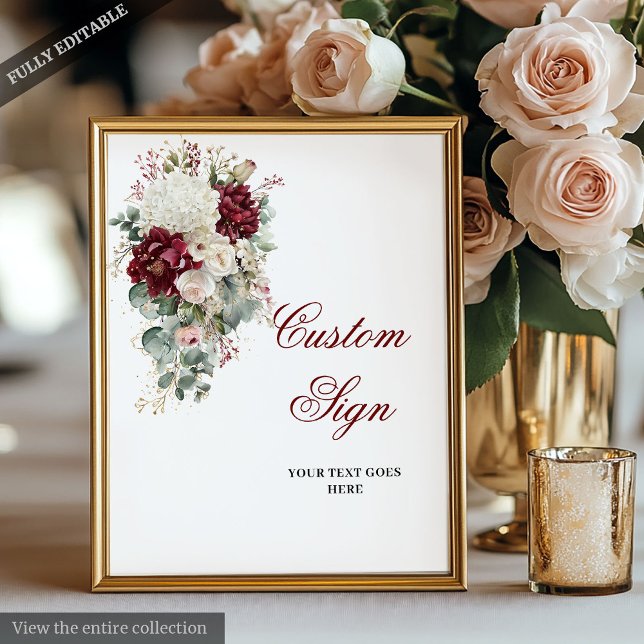 Poster Classique Boho Bourgogne Rose blanche Mariage pers (Classic Boho Burgundy White Rose Custom Wedding Sign)