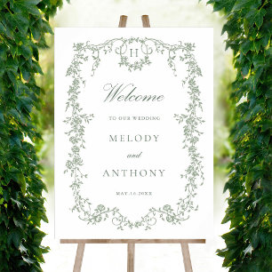 Poster Classique Français Floral Sage Vert Mariage Bienve