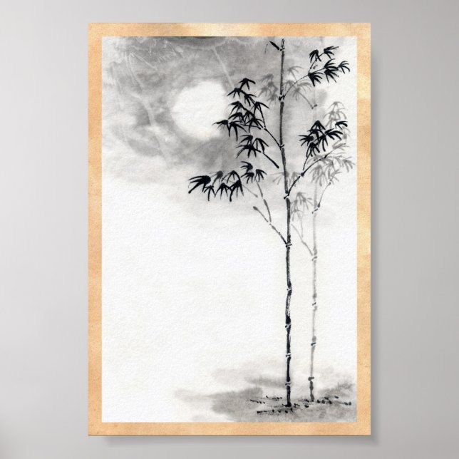Poster classique japonais sumi-e peinture art bambou lune (Devant)