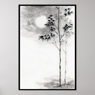 Poster classique japonais sumi-e peinture art bambou lune