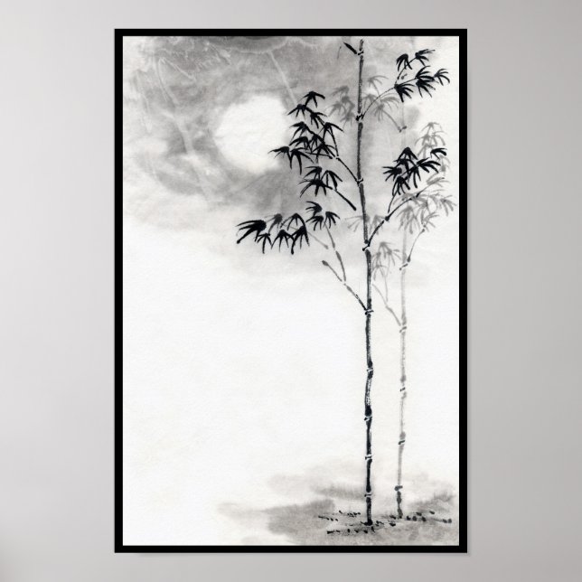 Poster classique japonais sumi-e peinture art bambou lune (Devant)