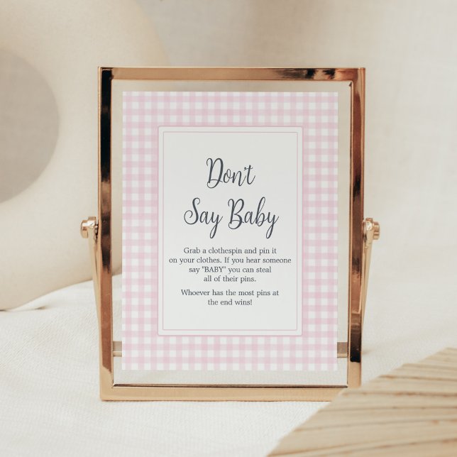 Poster Classique rose En vichy Baby shower Ne pas dire bé (Girl Gingham Baby Shower Don't Say Baby Sign)