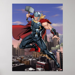 Poster Classiques Avengers Thor bondissant avec Mjolnir