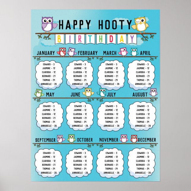 Poster Classroom Birthday Board in Cute Owl Thème (Devant)