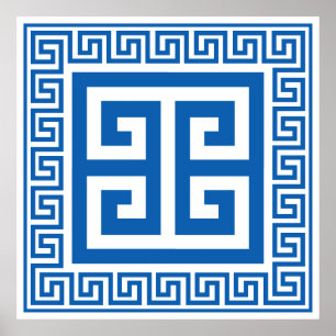 Poster Clé grecque Motif bleu et blanc