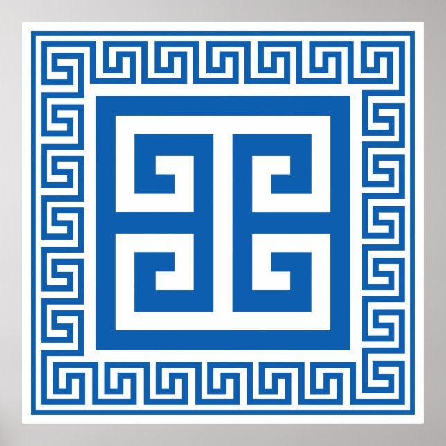 Poster Clé grecque Motif bleu et blanc (Devant)