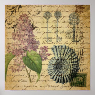 Poster clé steampunk français botanique violet lilas