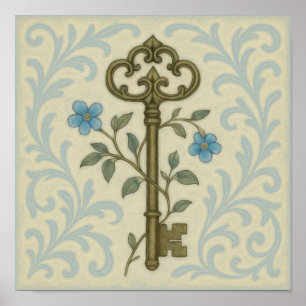 Poster Clé vintage & Bleu Floral Wall Art - Style antique