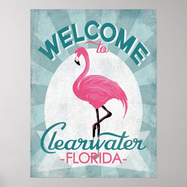 Poster Clearwater Florida Flamant rose rose Retro (Devant)