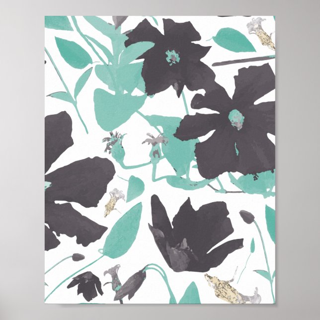 Poster Clematis Floral Turquoise Motif Brown Art Imprimer (Devant)