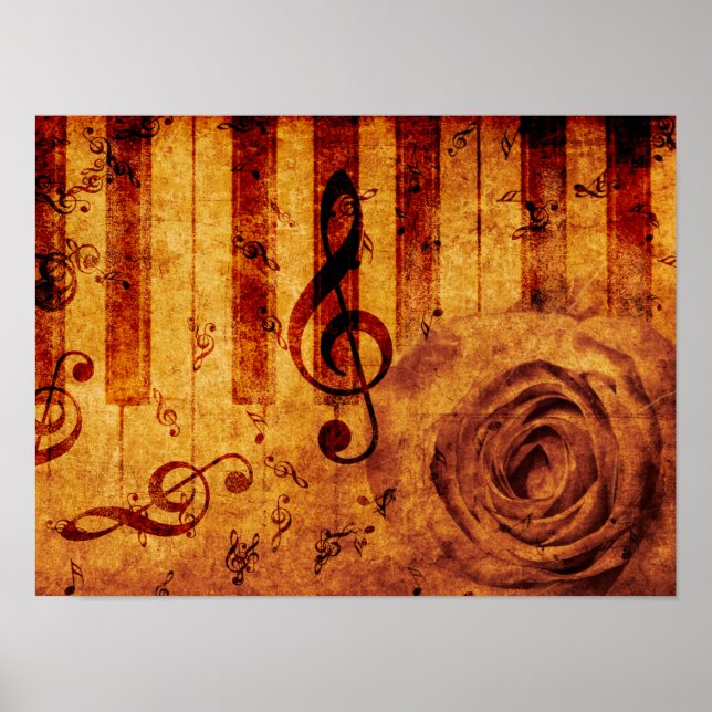 Poster Clés de piano avec notes musicales et rose (Devant)