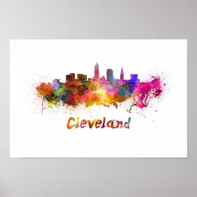Poster Cleveland skyline in watercolor (Devant)