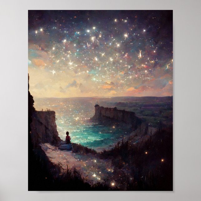 Poster Cliffside Nuit Imaginaire Paysage Sci-Fi (Devant)