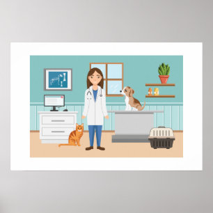 Poster Clinique vétérinaire femme avec chat et chiot