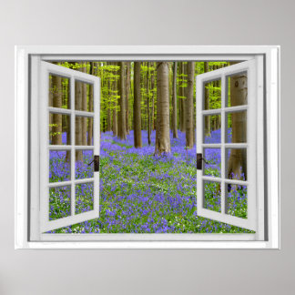 Poster Cloches bleues et arbres Voir fenêtre Faux