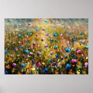 Poster closeup de peinture Belle prairie de bleu rose fl