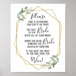 Poster Clothespin nuptiale douche verte or jeu signe