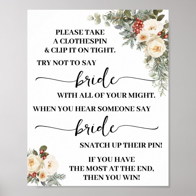 Poster Clothespin Winter White Floral Bridal Shower Game (Devant)
