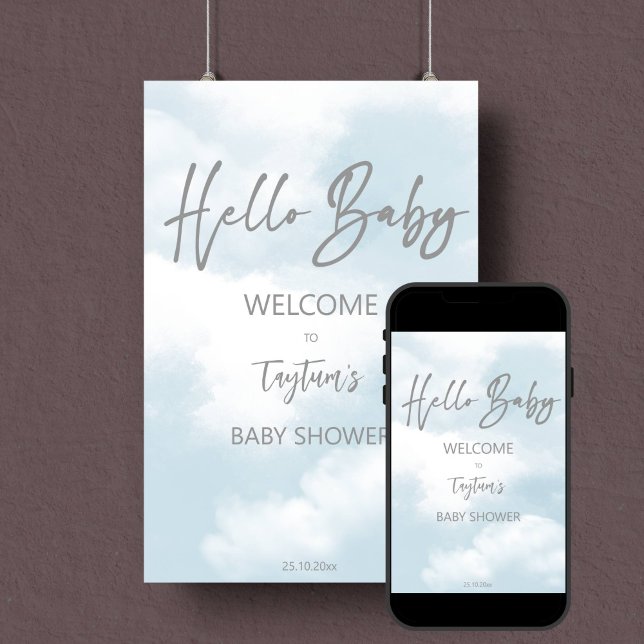 Poster Cloud baby shower pastel gris nuages signe de bien (Cloud baby shower pastel grey clouds welcome sign editable template poster digital download)