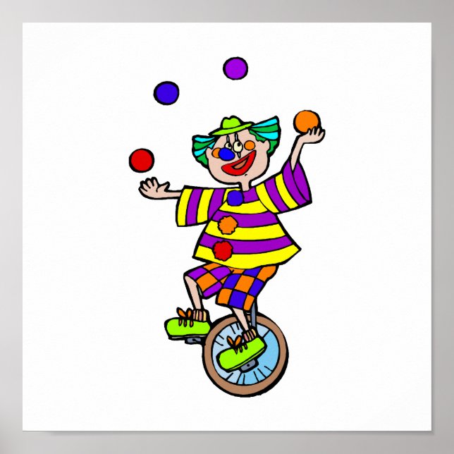 Poster Clown à monocycle en train de jongler (Devant)