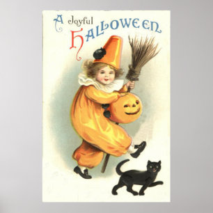 Poster Clown noir Chat Jack-o'-lantern Citrouille