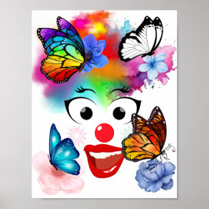 Poster Clown, papillons et couleurs pastel