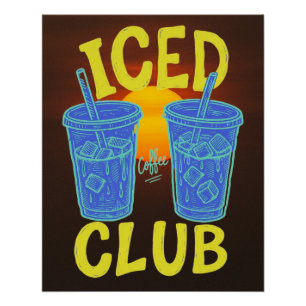 Poster Club Café Glacé  Bleu Été Jaune Amateur de Café