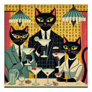Poster Club Martini Cat Noir Futuriste Rétro