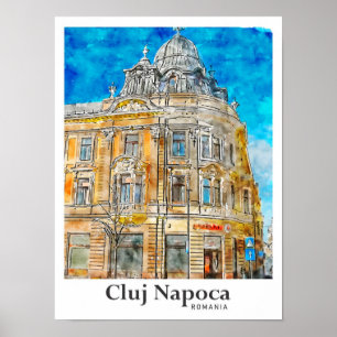Poster Cluj Napoca Roumanie Voyage Aquarelle main tirée