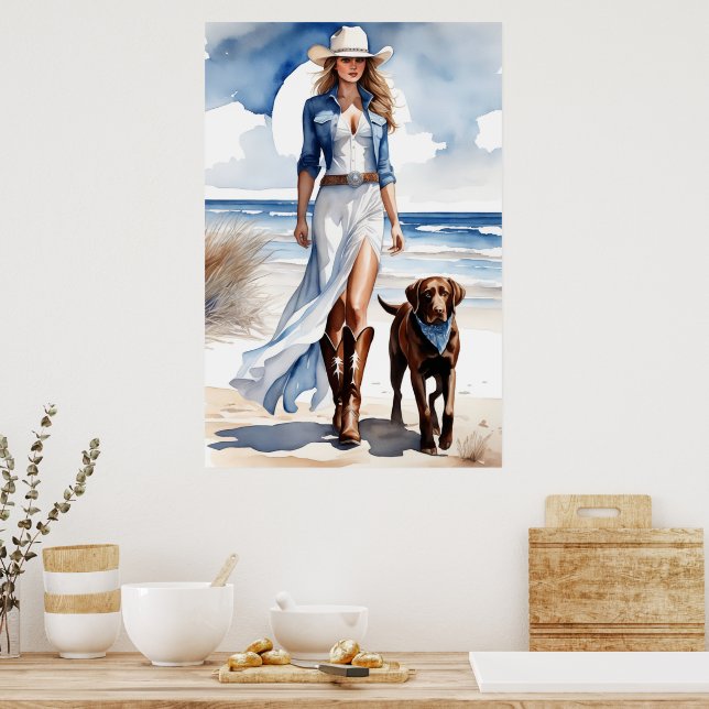 Poster Coastal Cowgirl avec Aquarelle de chien (Cuisine)