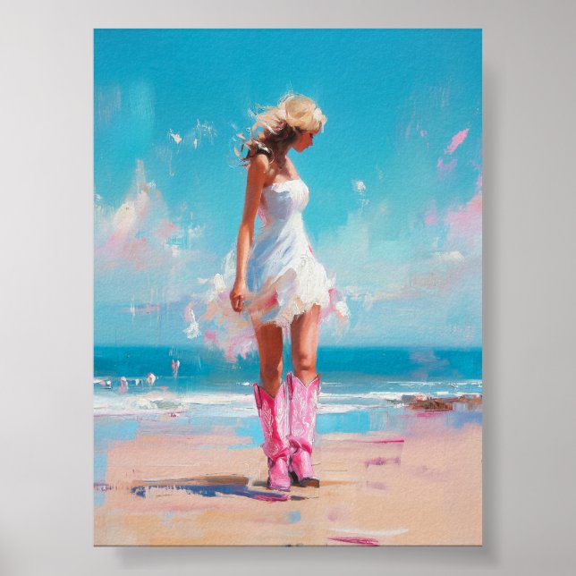 Poster Coastal Cowgirl - Bottes roses et robe blanche pla (Devant)