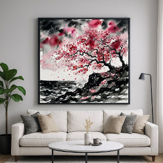 Poster Coastal Sakura - Watercolor Style Cherry Blossoms