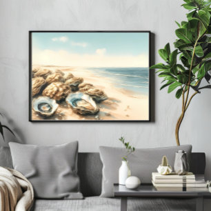 Poster Coastère Oyster Shells Aquarelle Plage Paysage