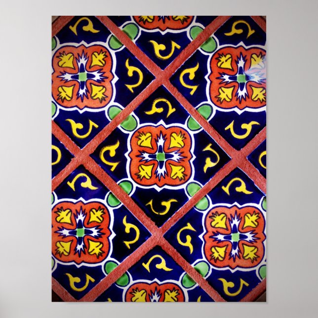 Poster Cobalt Blue Burange Orange Southwestern Tile Desig (Devant)
