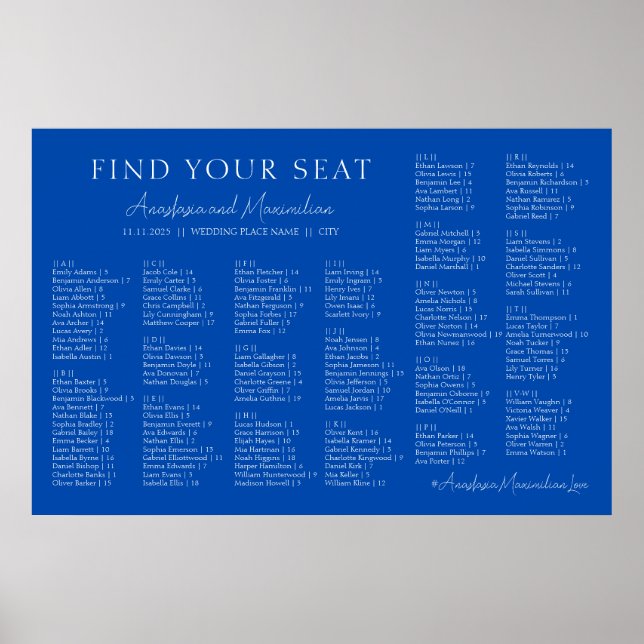 Poster Cobalt Blue Wedding Alphabetical Seating Chart (Devant)