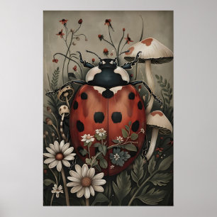 Poster Coccinelle dans un jardin de fleurs sombres et de