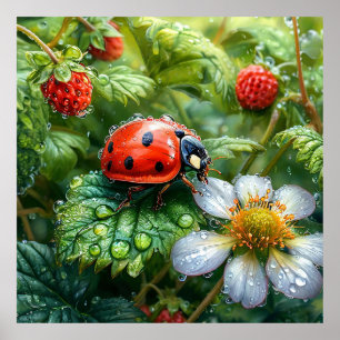Poster Coccinelle perchée sur une plante de fraises recou