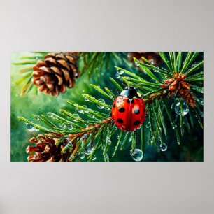 Poster Coccinelle vibrante sur branche de pin