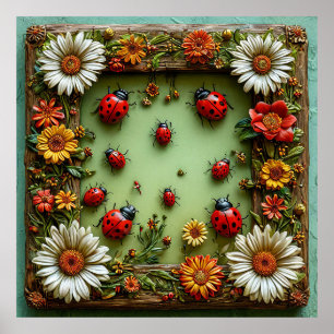 Poster Coccinelles Colorées Fleurs Cadeau Pour Maison