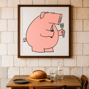 Poster Cochon affamé drôle tenant une fourchette et un co