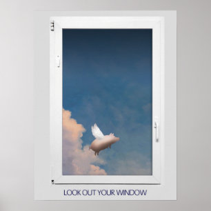 Poster cochon volant à travers l'affiche de la fenêtre