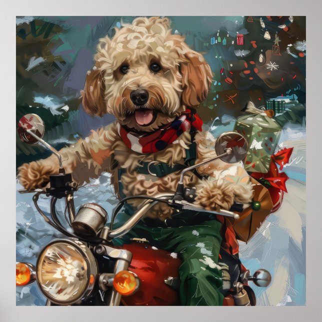 Poster Cockapoo Chien chevauchant la moto Noël (Devant)