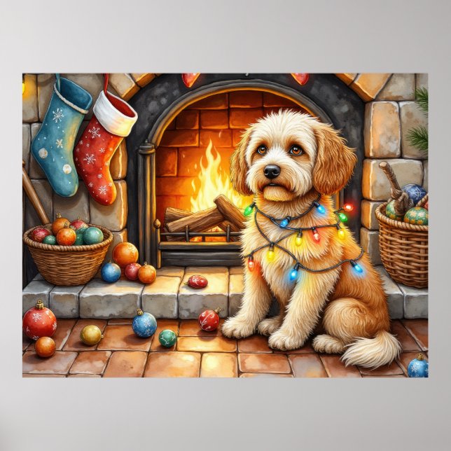 Poster Cockapoo Sitting by Fireplace with Christmas Light (Devant)